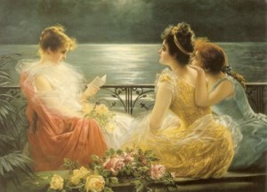 women 3 victorian reading by ocean lake