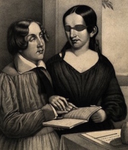 V0015876 Portrait of Oliver Caswell and Laura Bridgman reading emboss Credit: Wellcome Library, London. Wellcome Images images@wellcome.ac.uk http://images.wellcome.ac.uk Portrait of Oliver Caswell and Laura Bridgman reading embossed letters from a book. Lithograph by W. Sharp, 1844, after A. Fisher. 1844 By: Alanson Fisher and BouvÈ & Sharp.after: W. SharpPublished: 1844 Copyrighted work available under Creative Commons by-nc 2.0 UK, see http://images.wellcome.ac.uk/indexplus/page/Prices.html