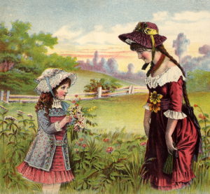 Mother and daughter picking flowers outdoors - a vintage illustration