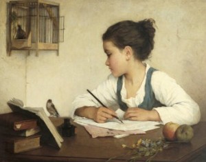 Young Girl Writing at her Desk with Birds--Henriette Browne (1829-1901)[3]
